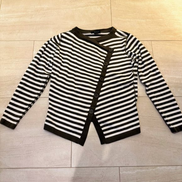 Mel & Lisa Asymmetrical Green Cream Stripes Cotton Sweater Diagonal Buttons V SM - Picture 7 of 9